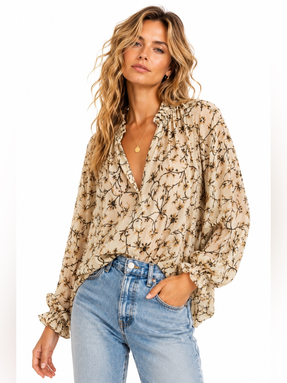 DOEN Floral Ruffle Neck Blouse Cream Brown Viscose Oversized XS